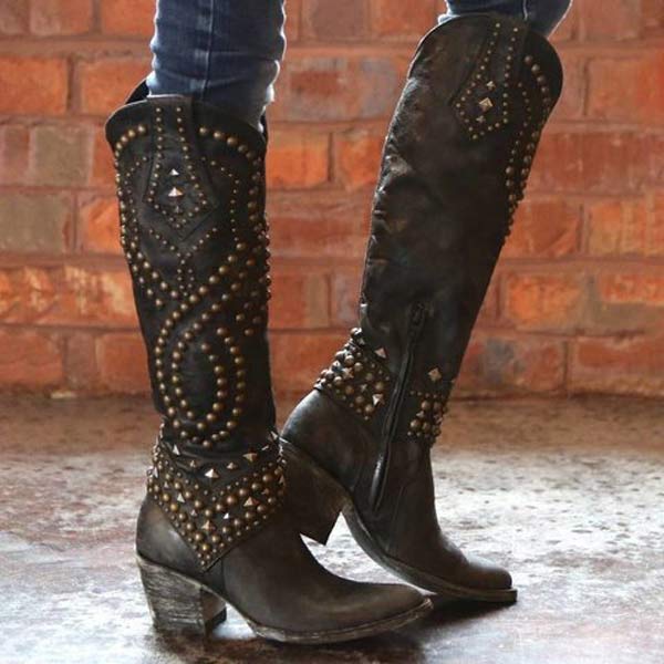 Lena - Hoge Laarzen met Metalen Studs en Stevige Hak