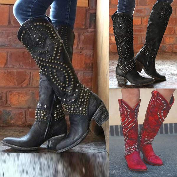 Lena - Hoge Laarzen met Metalen Studs en Stevige Hak