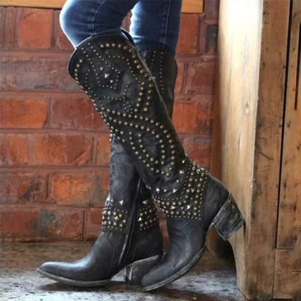 Lena - Hoge Laarzen met Metalen Studs en Stevige Hak