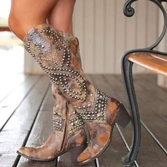 Lena - Hoge Laarzen met Metalen Studs en Stevige Hak