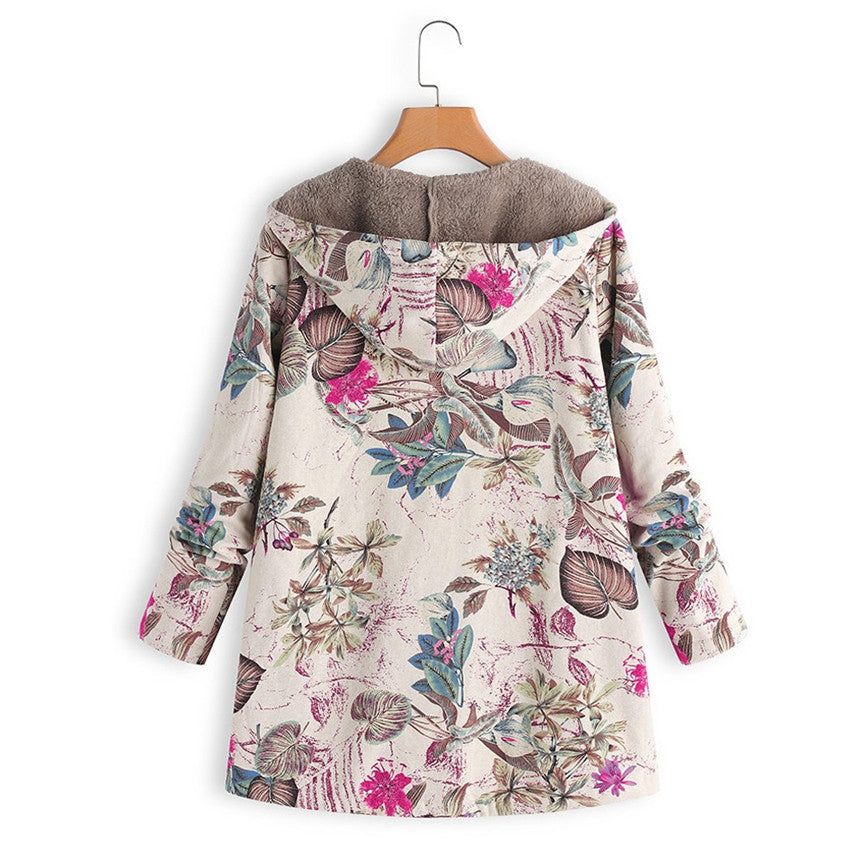 Dames Warme Wintermantel met Bloemenprint en Capuchon