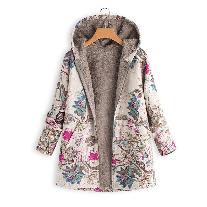 Dames Warme Wintermantel met Bloemenprint en Capuchon