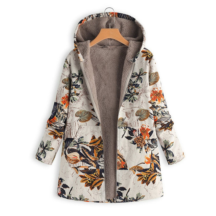Dames Warme Wintermantel met Bloemenprint en Capuchon