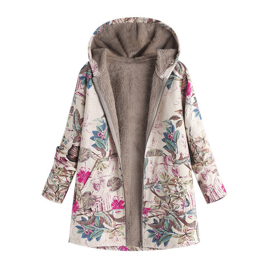 Dames Warme Wintermantel met Bloemenprint en Capuchon