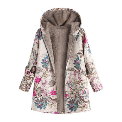 Dames Warme Wintermantel met Bloemenprint en Capuchon